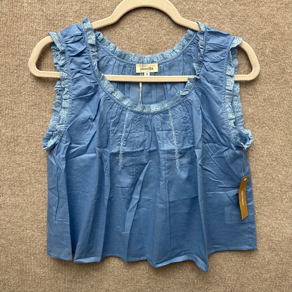 Sorella Few Moda Violetta Cotton Pleated Lace Trim Top Blue Size Small Coquette